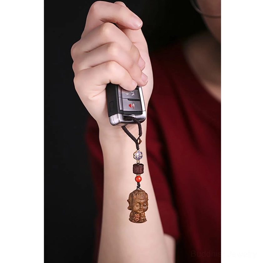 Dog and Pig zodiac Amitabha Buddha natal guardian keychain with green sandalwood and protective copper charm