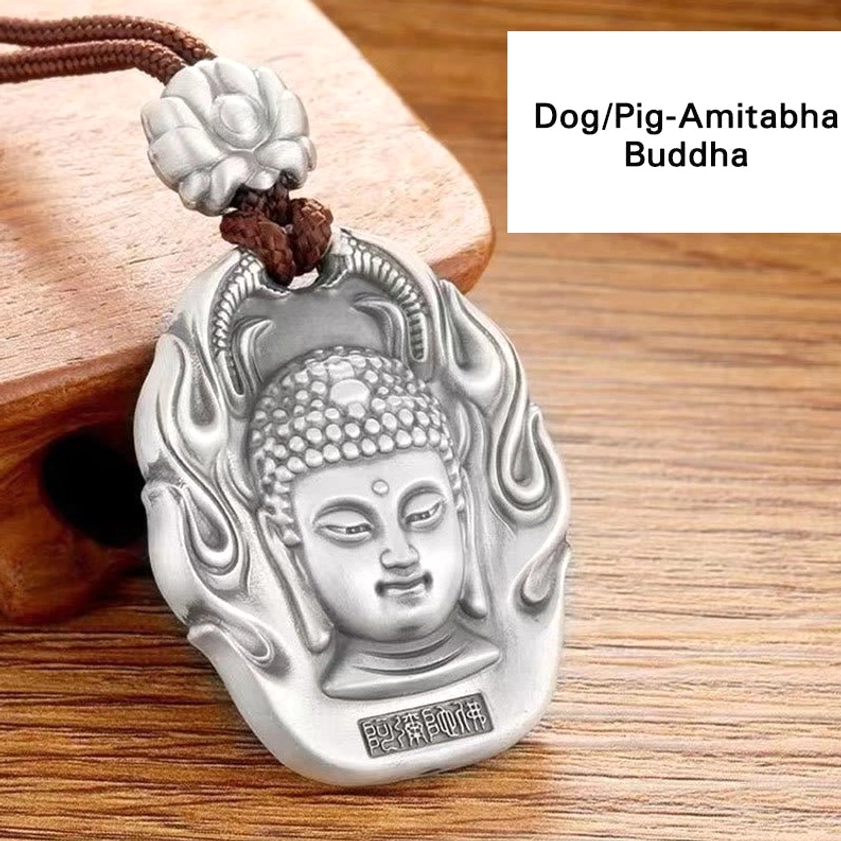 Dog Pig zodiac Amitabha Buddha pendant - Buddhist natal Buddha silver necklace with Om Mani Padme Hum mantra engraving