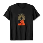 Don't Hate Meditate black cotton t-shirt flat lay front view with Buddha and mandala print design