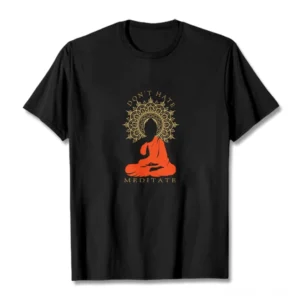 Don't Hate Meditate black cotton t-shirt flat lay front view with Buddha and mandala print design