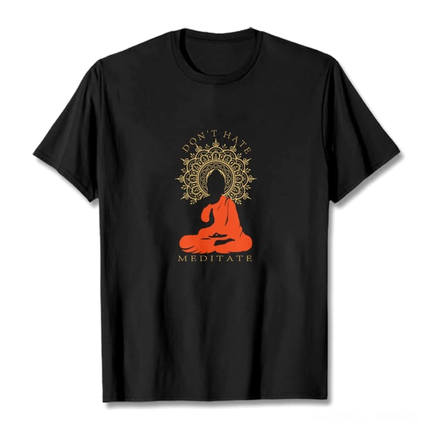 Don't Hate Meditate black cotton t-shirt flat lay front view with Buddha and mandala print design