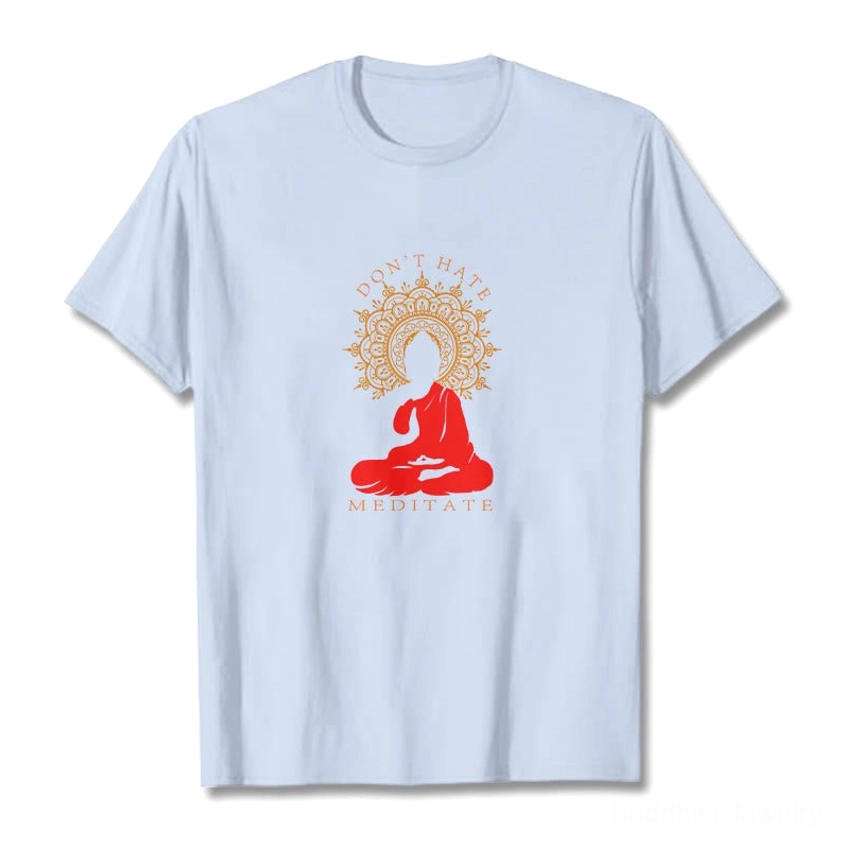 Don't Hate Meditate black cotton t-shirt unfolded flat lay full view