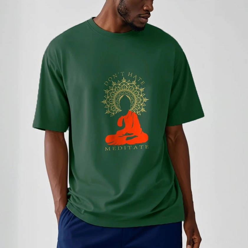 Male model wearing forest green mindfulness t-shirt side view relaxed fit
