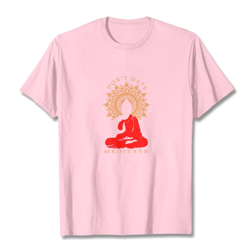 Pale green Don't Hate Meditate t-shirt back view with meditation Buddha graphic