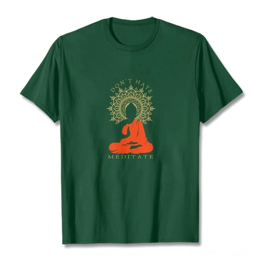 Pale green Don't Hate Meditate cotton t-shirt flat lay front view with spiritual Buddha graphic