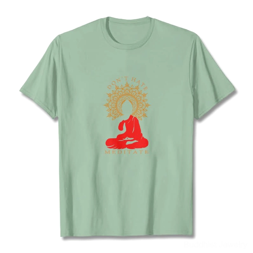 Don't Hate Meditate pale green mindfulness cotton tee unfolded full view