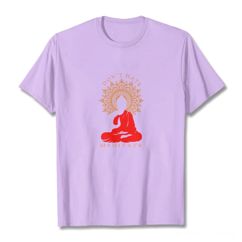 Plum Don't Hate Meditate cotton t-shirt flat lay showing spiritual Buddha design