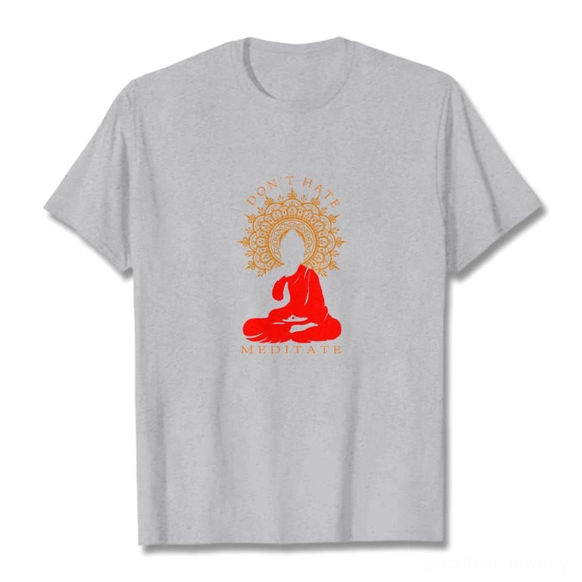 Plum colored Don't Hate Meditate t-shirt flat lay showing Buddha meditation print