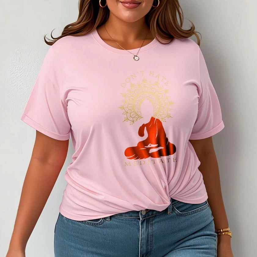 Male model wearing plum colored Don't Hate Meditate Buddhist t-shirt casual wear