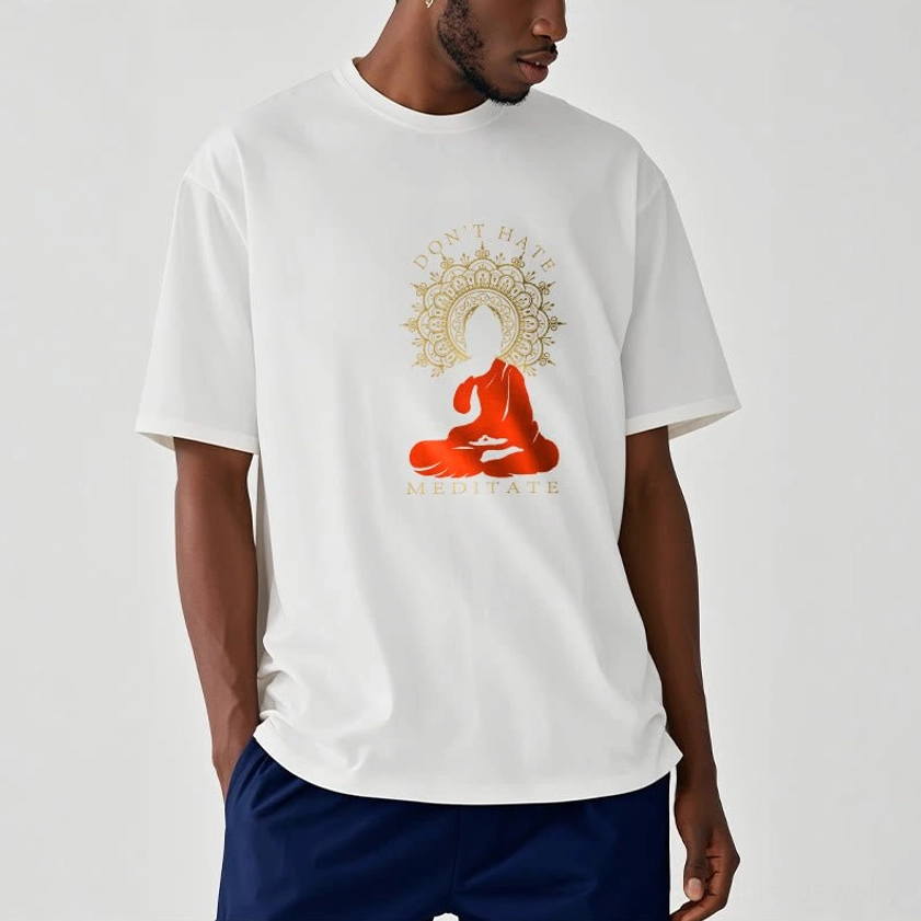 Buddhist mindfulness cotton t-shirt crew neck detail close-up view