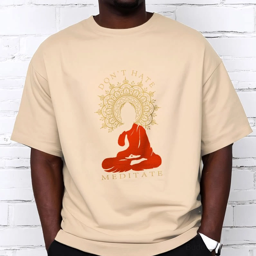 Buddhist mindfulness cotton tee fabric texture and print quality close-up