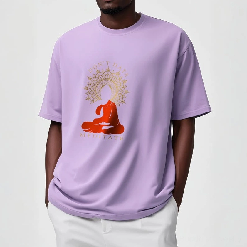 White Don't Hate Meditate t-shirt back view with meditation graphic print