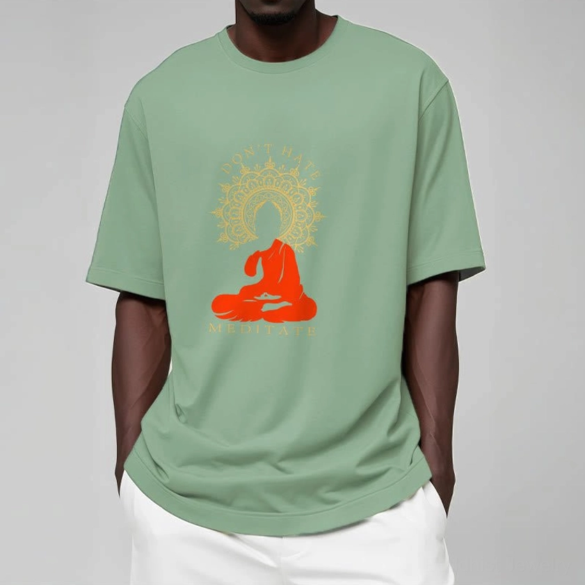 White Don't Hate Meditate Buddhist t-shirt detail showing crew neck and sleeve