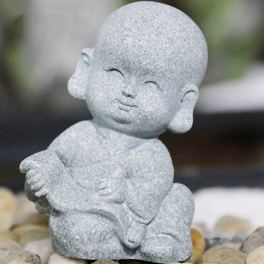 Handcrafted don't talk about monk Buddha statue - mindful speech symbol in natural sandstone