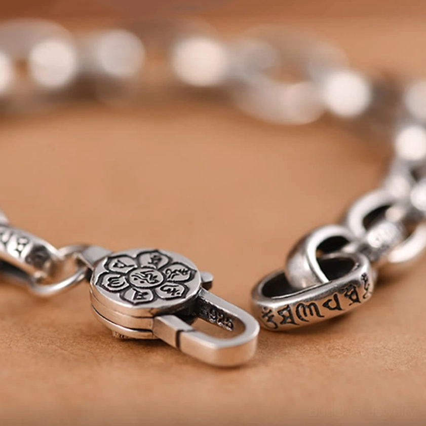 Flower-shaped Double Dorje lock clasp on Buddhist mantra bracelet with engraved Sacred Six Words links
