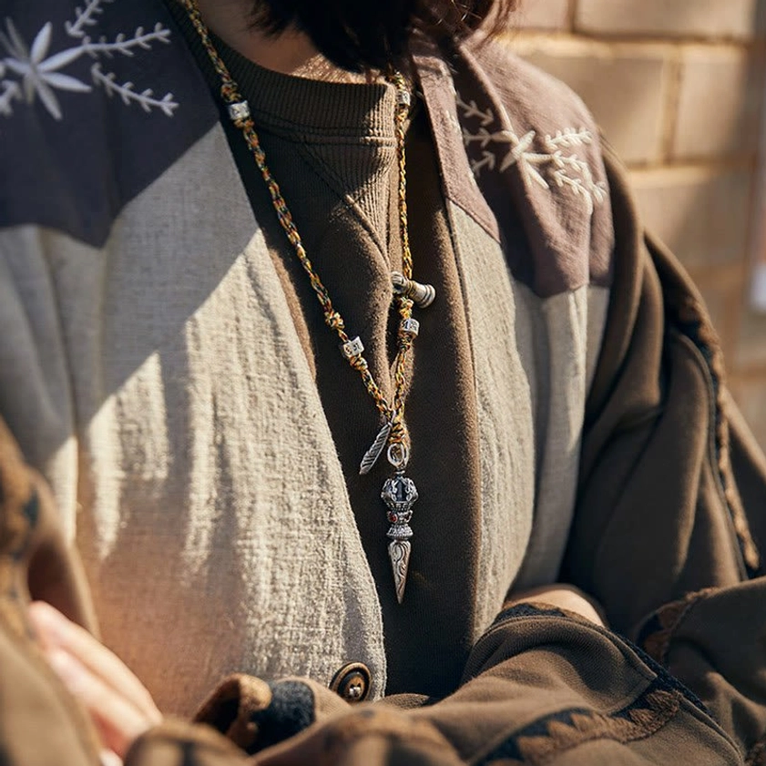 Labeled Product Components of 925 Sterling Silver Dorje Necklace Including Vajra Pendant, Silver Feather Charm, Five-Color Thread, Bell and Mantra Beads