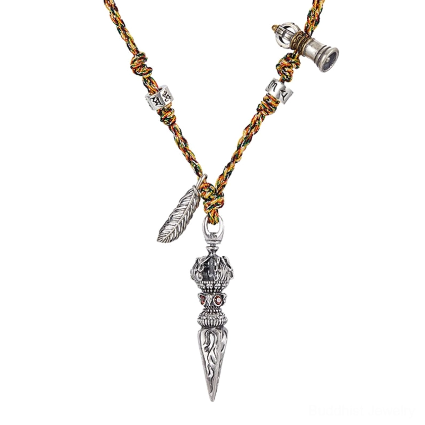 Front-Facing Dorje Vajra Necklace with Polished Sterling Silver Pendant, Woven Chain, Silver Bell and Feather Accents, Buddhist Spiritual Jewelry