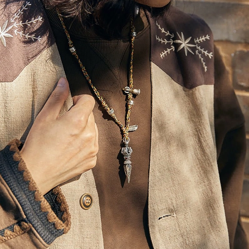 Close-up Detail Shot of Dorje Vajra Necklace Worn at Chest Level, Showing Pendant Placement and Fine Craftsmanship