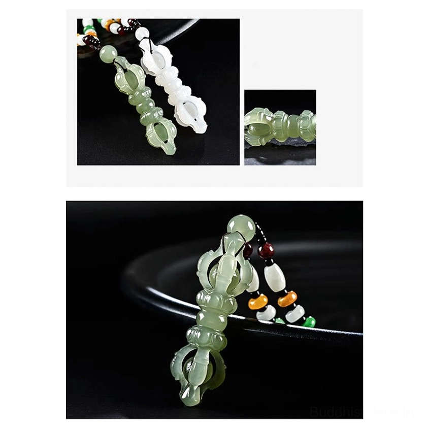 Multiple viewing angles of Hetian jade Dorje Vajra Buddhist pendants collage display on white background