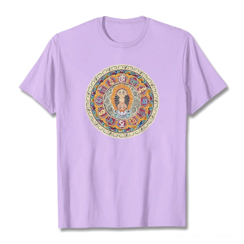 Back view of Dorje Vajra Mandala Buddhist t-shirt showing crew neck and natural cotton fabric texture with relaxed fit