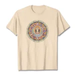 Dorje Vajra Mandala Buddhist t-shirt in beige cotton with vibrant circular mandala print on chest, flat lay front view