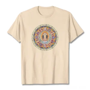 Dorje Vajra Mandala Buddhist t-shirt in beige cotton with vibrant circular mandala print on chest, flat lay front view