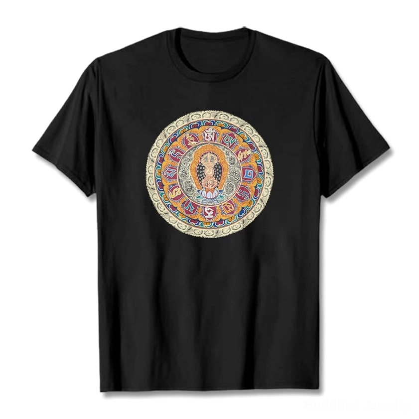Dorje Vajra Mandala Buddhist t-shirt in black cotton featuring circular sacred geometry mandala print, flat lay front view