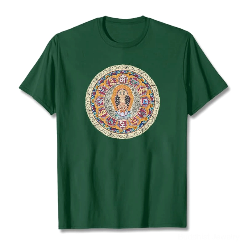 Dorje Vajra Mandala Buddhist t-shirt in dark green cotton with vibrant circular sacred geometry mandala print, flat lay front view