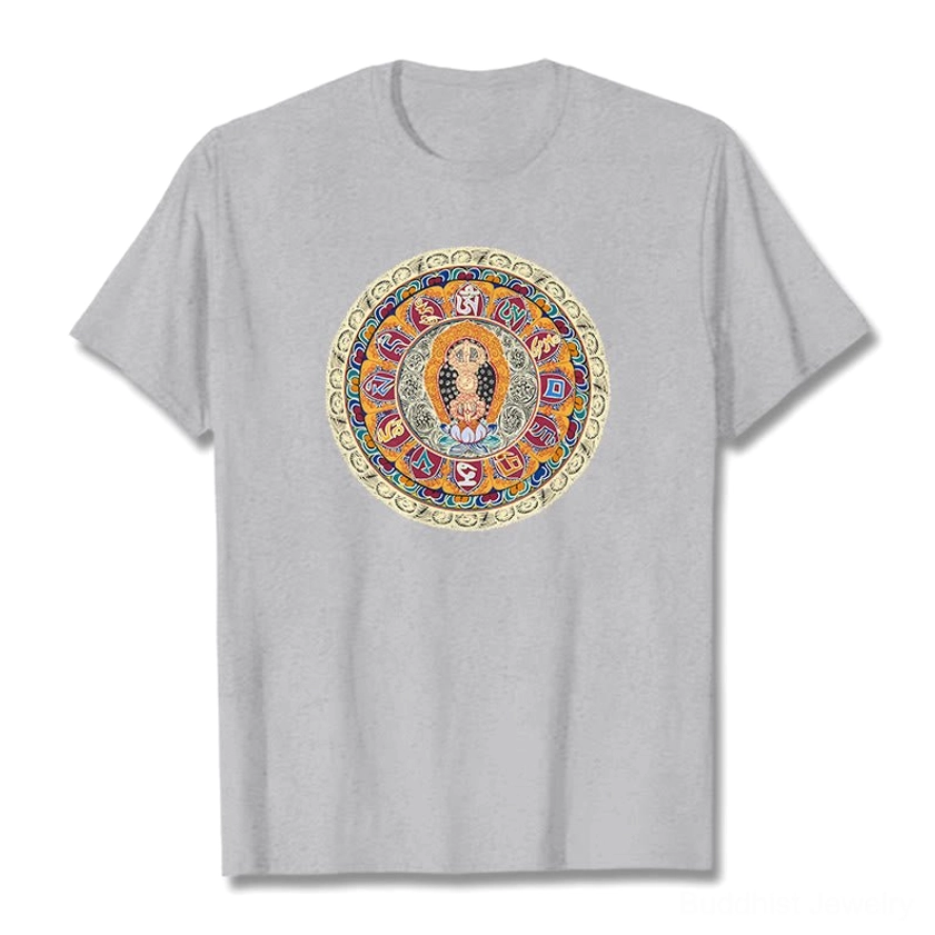 Dorje Vajra Mandala Buddhist t-shirt in light grey cotton with prominent circular mandala print centered on chest, flat lay presentation