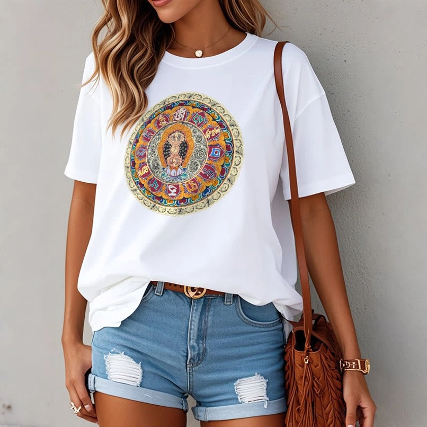Light grey Dorje Vajra Mandala Buddhist t-shirt with detailed circular mandala print on chest, flat lay front view