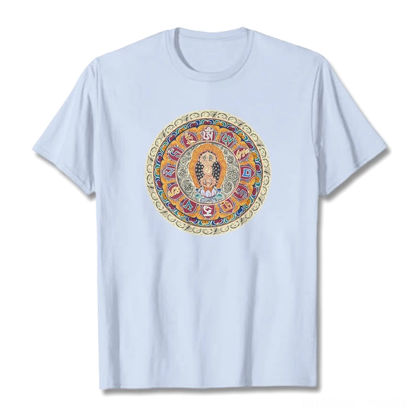 Dorje Vajra Mandala Buddhist t-shirt in light pink cotton with colorful mandala print design, flat lay front view showing mandala artwork