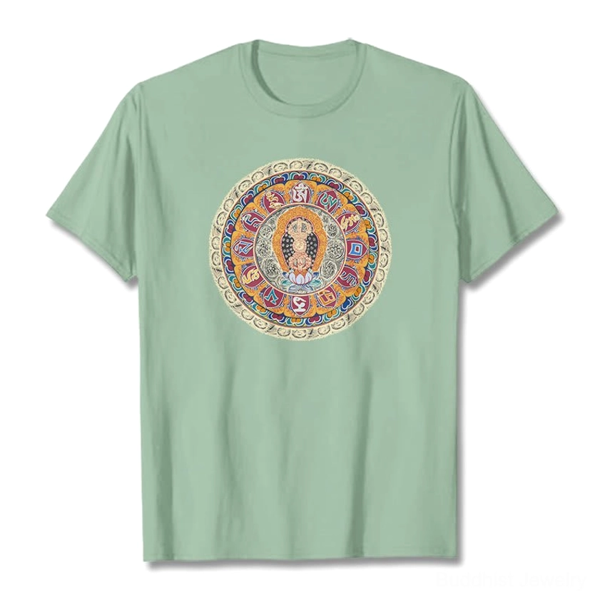 Close-up detail of Dorje Vajra Mandala Buddhist t-shirt showing intricate sacred geometry mandala print with vibrant colors and precision