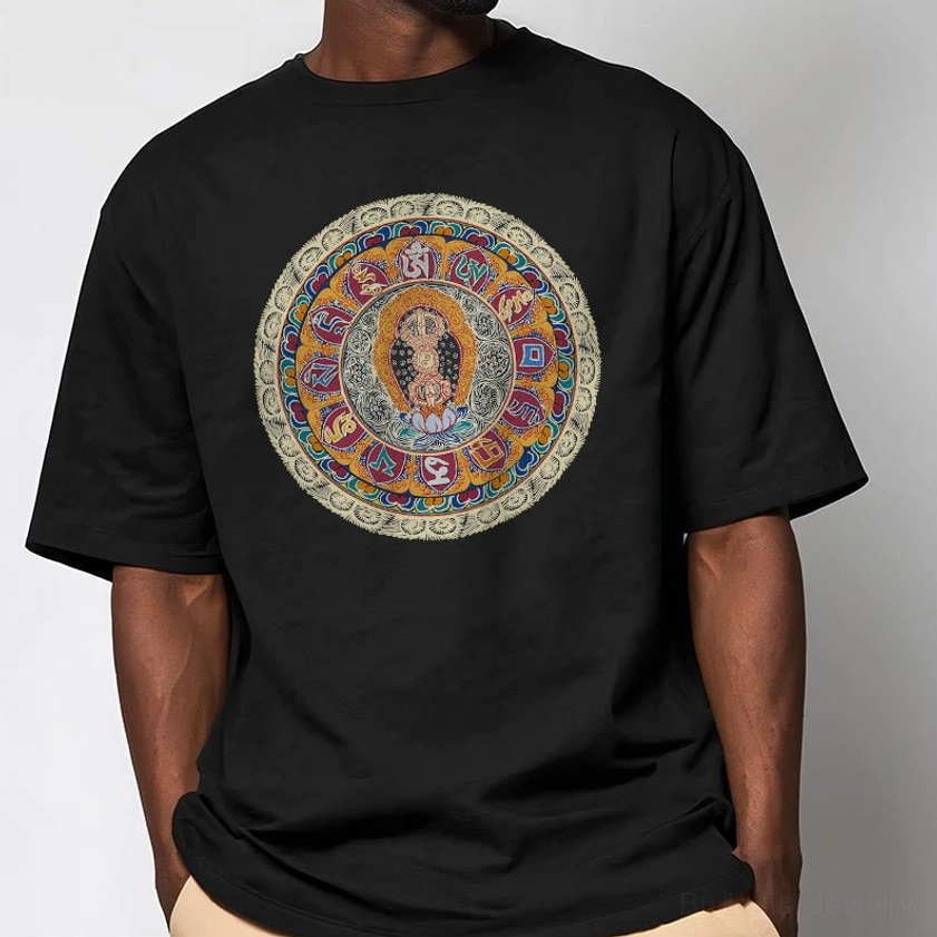 Black Dorje Vajra Mandala Buddhist t-shirt with oversized relaxed fit and crew neck mandala print detail, studio close-up view