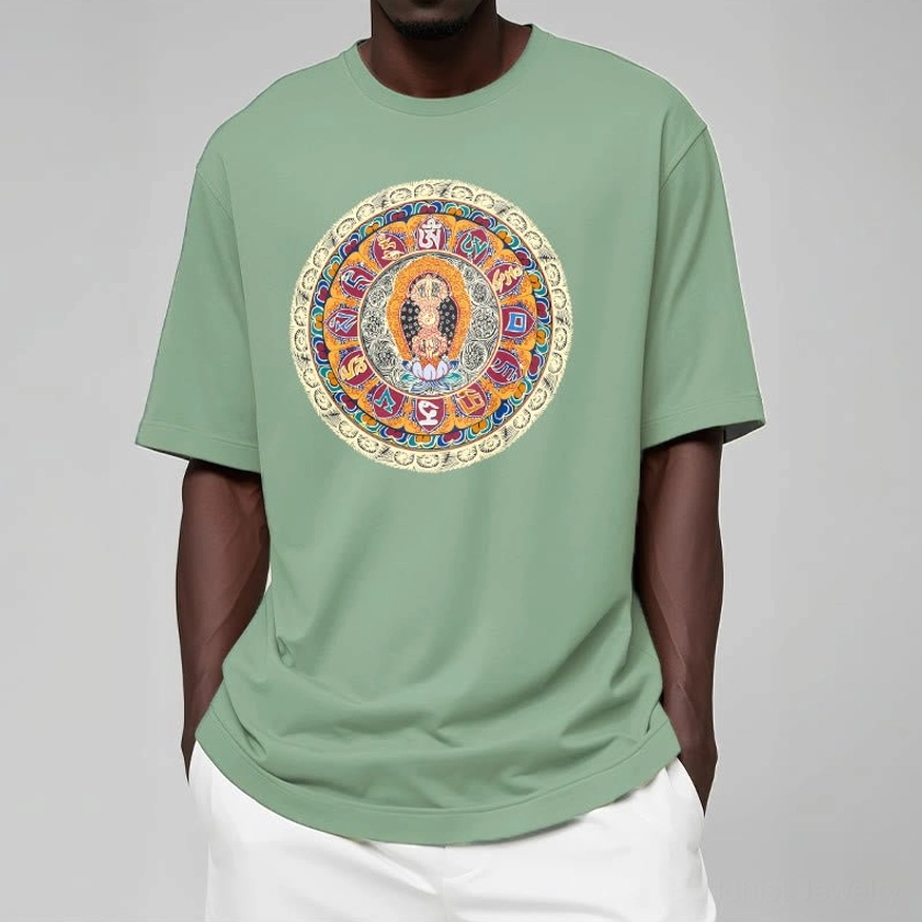 Dorje Vajra Mandala Buddhist t-shirt collection flat lay showing multiple color options and the mandala design across different variations