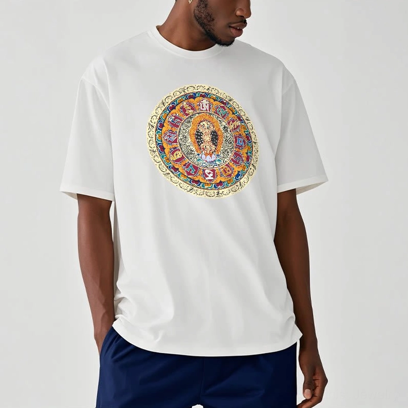 Female model styling light grey Dorje Vajra Mandala Buddhist cotton t-shirt with crew neck mandala artwork, casual everyday look