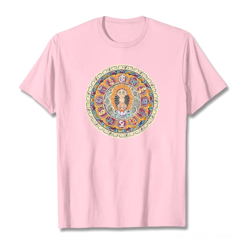 Female model wearing light pink Dorje Vajra Mandala Buddhist cotton t-shirt with spiritual mandala artwork, casual and mindful styling