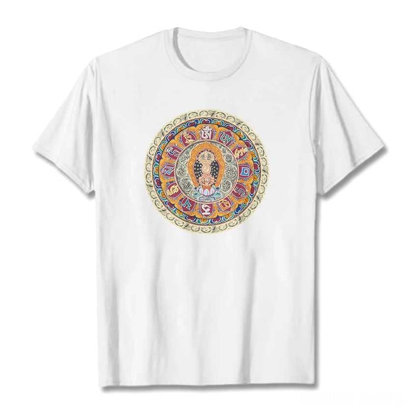 Male model wearing light pink Dorje Vajra Mandala Buddhist cotton t-shirt with vibrant mandala chest print, casual street style