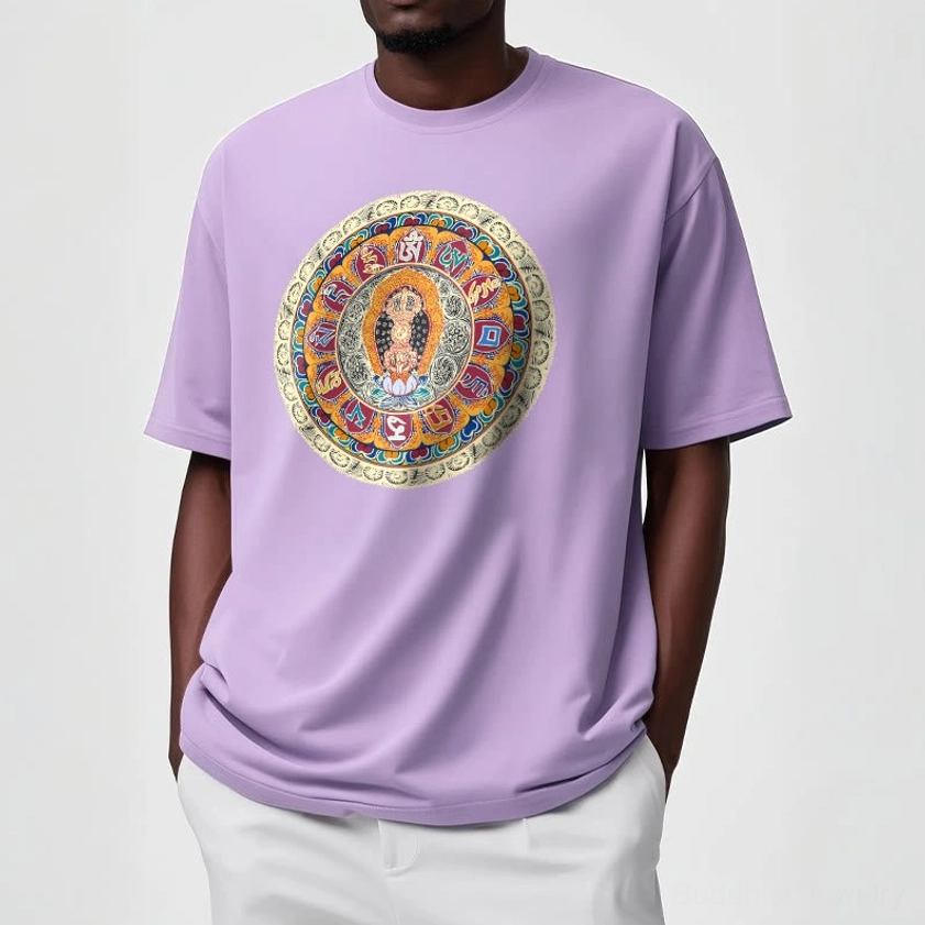 Male model wearing Dorje Vajra Mandala Buddhist t-shirt demonstrating unisex fit and comfort for meditation and spiritual practice