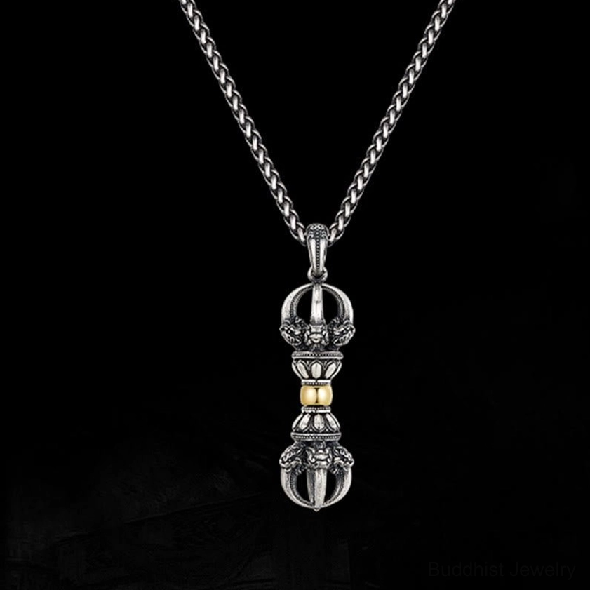 Full front view of dorje vajra pendant necklace with wheat-link chain on black background
