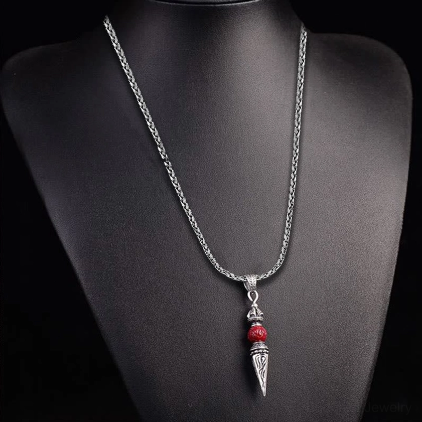 Cinnabar Dorje Vajra Buddhist necklace worn on jewelry display mannequin full set view