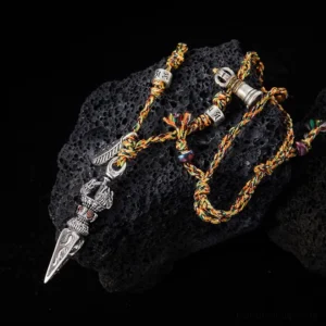 925 Sterling Silver Dorje Vajra Pendant Necklace with Om Mani Padme Hum Mantra Beads and Feather Charm, Handmade Buddhist Jewelry on Dark Stone