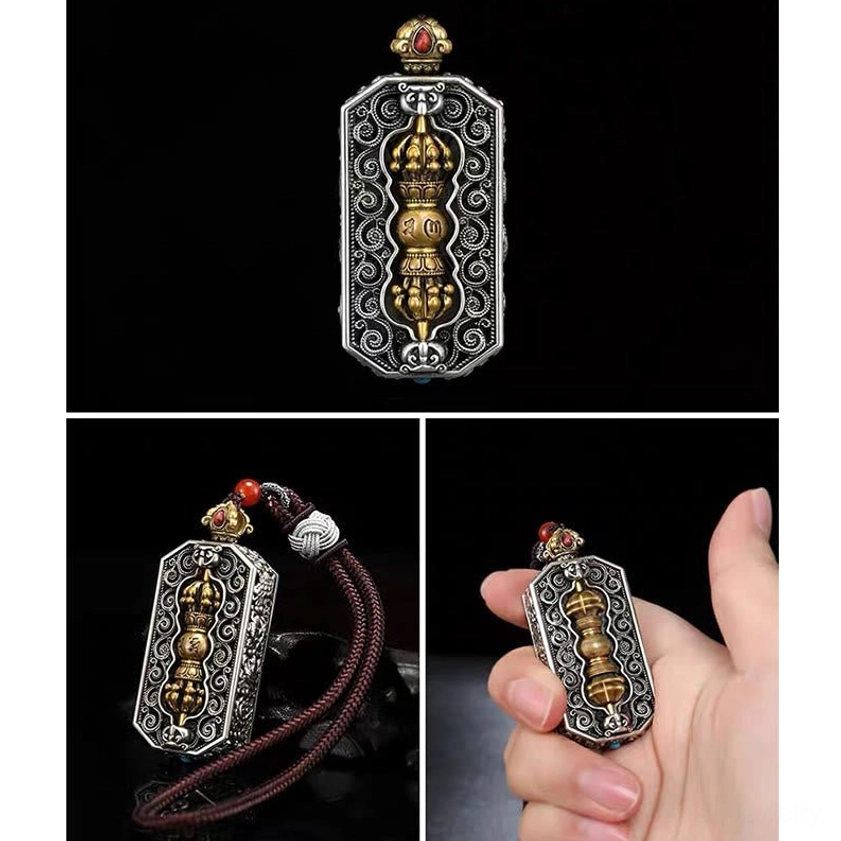 Compact om mani padme hum dorje vajra pendant silver gold dual-tone with filigree frame and braided cord