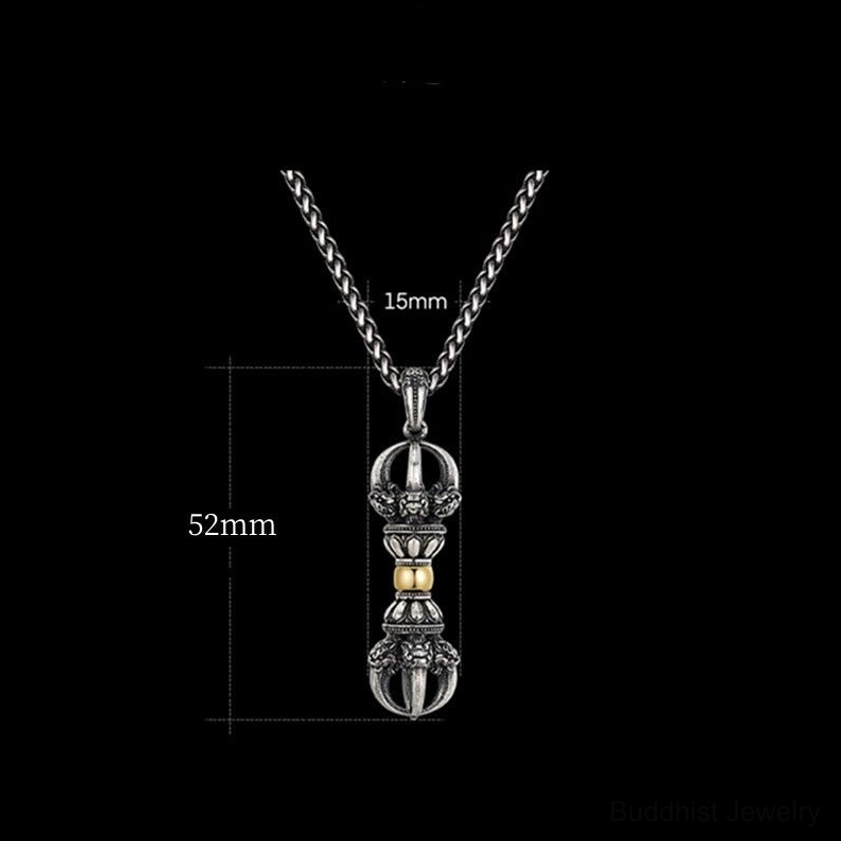 Dorje vajra pendant size reference showing 52mm length and 15mm width dimensions with size markers