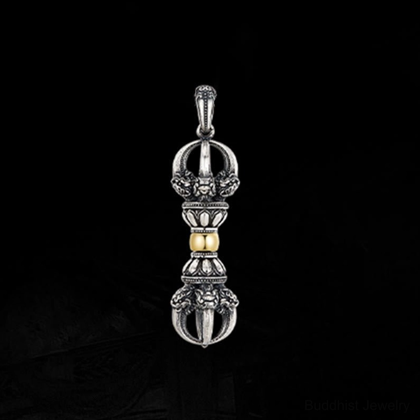 Solo dorje vajra pendant front flat lay view on black background showing full carved design and gold center bead