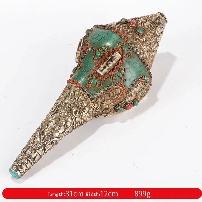 Double Dorje Buddhist conch shell decoration with turquoise gemstone inlay and embossed copper symbols