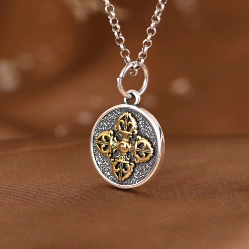 Engraved double dorje vajra pendant in 925 sterling silver Buddhist necklace