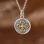 Sterling silver double dorje vajra pendant necklace front view with two-tone finish