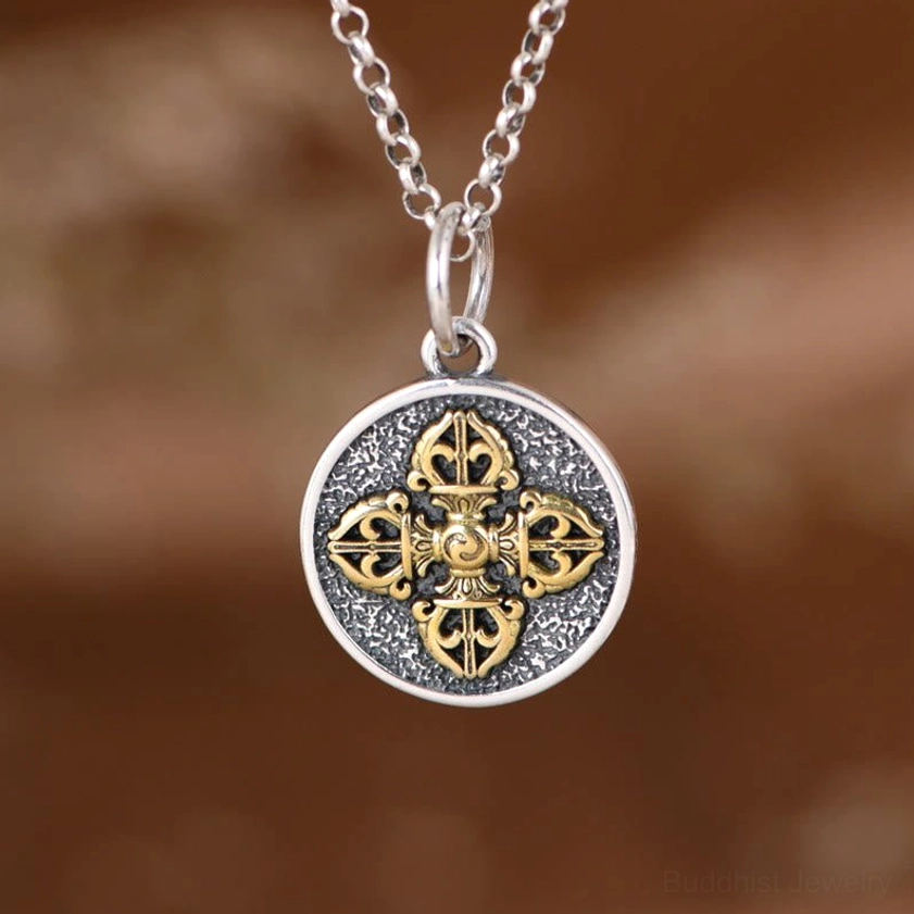 Sterling silver double dorje vajra pendant necklace front view with two-tone finish