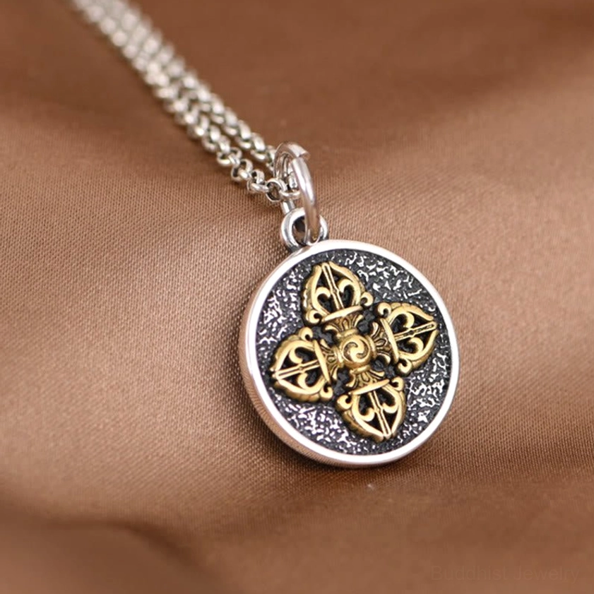 925 sterling silver double dorje vajra pendant showing chain and side profile