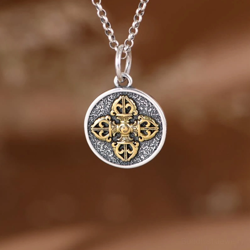 Round double dorje vajra necklace pendant in sterling silver with cable chain